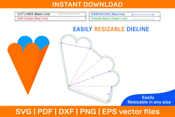 Heart Shape Cone Dieline Template and 3D